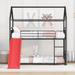 Twin Over Twin Kids Metal House Bunk Bed With Slide, Black+Red