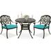 MEETWARM 3 Piece Patio Bistro Set Outdoor All-Weather Cast Aluminum Dining Furniture Set Includes 2 Cushioned Chairs and a 35.4â€� Round Table with Umbrella Hole for Garden Deck Ocean Blue
