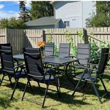 PURPLE LEAF 9 Pieces Outdoor Patio Dining Set with 8 Folding Portable Chairs and 1 Rectangle Aluminum Table Adjustable High Back Reclining Chairs with Soft Cotton-Padded Seat Black