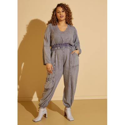 Plus Size Stone Wash Chambray Cargo Jumpsuit