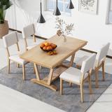 59-inch Rectangular 5-piece Dining Table Set w/ Trestle Table Base & 4 Linen Fabric Upholstered Chairs, Solid Wood Furniture