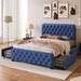 Blue Full Size Modern Linen Upholstered Platform Bed, 4 Large Storage Drawers, Button Tufted Headboard
