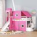 Twin Size House Loft Bed with Slide and Tent, Wood Playhouse Loft Bed Bed Frame w/ Slide, Tower & Ladders for Boys & Girls, Pink