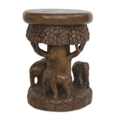 Around the Tree in Brown,'Wood Stool of Elephants Around a Tree in Brown from Thailand'