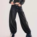Free People Jeans | Free People Lotus Jeans Patch Front Pockets Pleated Cinched Tie Ankles Sz 26 | Color: Black | Size: 26