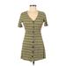 Lush Casual Dress - Mini V-Neck Short sleeves: Green Stripes Dresses - Women's Size Medium