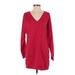 Lands' End Casual Dress - Shift V Neck Long sleeves: Red Solid Dresses - Women's Size Small