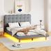 Full Size Velvet Upholstered Platform Bed with LED Frame and Button-tufted Design Headboard, No Box Spring Needed, Grey