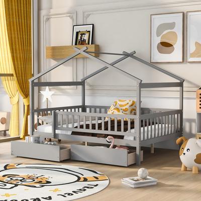 Twin/Full House Bed with 2 Storage Drawers, Kids Twin/Full Bed Frame with Rails and Roof, Tent Bed, Wooden Daybed Montessori Bed