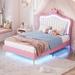 White+Pink Twin Princess Bed Frame with LED Lights & Crown Headboard