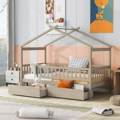 Twin/Full House Bed with 2 Storage Drawers, Kids Twin/Full Bed Frame with Rails and Roof, Tent Bed, Wooden Daybed Montessori Bed