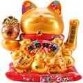 Lucky Cat,Fortune Cat Maneki Neko Waving Lucky Cat,Maneki Neko Waving Cat,Beckoning Ceramic Maneki Neko Lucky Fengshui Cat,Japanese Lucky Cat with Waving Arm Gold Battery Operated,11 inches