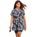 Plus Size Women's Longer Length Short-Sleeve Swim Tunic by Swim 365 in Black White Stencil Floral (Size 8)