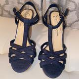 Jessica Simpson Shoes | Jessica Simpson Cork Wedge Heel Sandals Shoes Denim Strappy High Heels | Color: Blue/Tan | Size: 6.5