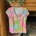 Lilly Pulitzer Tops | Lilly Pulitzer Michele V Neck Tee Multi More Lovers Coral Pink Blue Size Small | Color: Blue/Green/Pink | Size: S