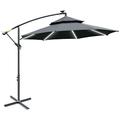 Outsunny 3(m) Cantilever Banana Parasol Hanging Umbrella with Double Roof, LED Solar Lights, Crank, 8 Sturdy Ribs and Cross Base for Outdoor, Garden, Patio, Black