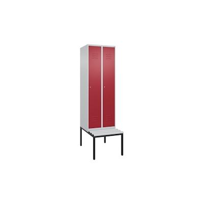 C+P Spind Classic PLUS, Kunststoff untergebaute Sitzbank, 2 Abteile, HxBxT 212x60x82cm, Zylinderschloss, Hellgrau/Rubinrot von PROREGAL Image