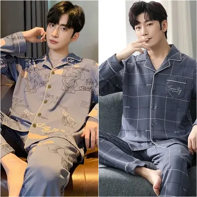 2 teile/satz Herren Langarm Pyjama mit V-Ausschnitt Frühling Herbst Baumwolle Homewear Casual Image