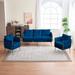 Velvet Upholstered Sofa Set Handmade Woven Blue Loveseat Sofa Modern Round Arms Accent Couch for Living Room(3pcs)