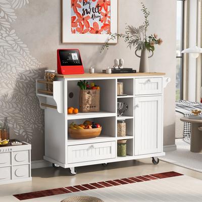 Kitchen Island Cart with Storage Cabinet and Two Locking Wheels, Solid Wood Desktop, Microwave Cabinet