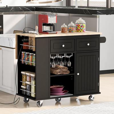 Kitchen Island with Power Outlet, Storage Kitchen Cart with Drop Leaf