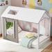 Twin Size House Shaped Platform Bed with Roof and Window Design, Pine Wood Kids Bed Frame for Bedroom, White+Natural