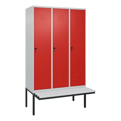 C+P Spind Classic PLUS, Kunststoff schwebende Sitzbank, 3 Abteile, HxBxT 212x120x82cm, Sicherheitsdrehriegel, Hellgrau/Rot von PROREGAL Image