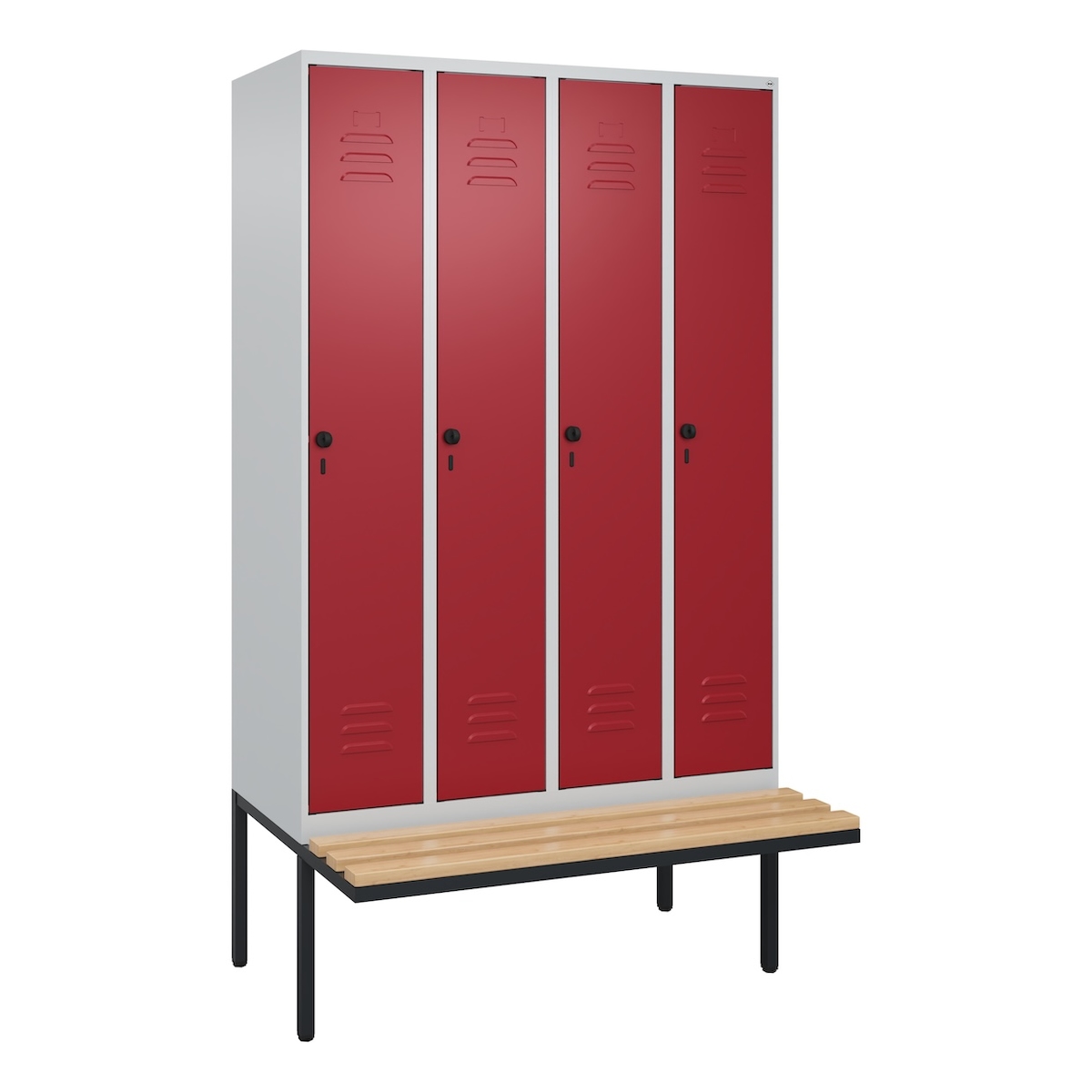 C+P Spind Classic PLUS, schwebender Sitzbank aus Buche 4 Abteile, HxBxT 212x120x82cm, Sicherheitsdrehriegel, Hellgrau/Rubinrot von PROREGAL Image
