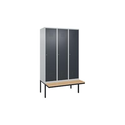 C+P Spind Classic PLUS, schwebender Sitzbank aus Buche 3 Abteile, HxBxT 212x120x82cm, Zylinderschloss, Hellgrau/Anthrazit von PROREGAL Image