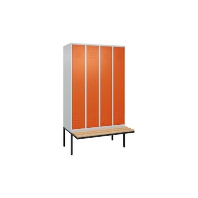 C+P Spind Classic PLUS, schwebender Sitzbank aus Buche 4 Abteile, HxBxT 212x120x82cm, Zylinderschloss, Hellgrau/Reinorange von PROREGAL Image
