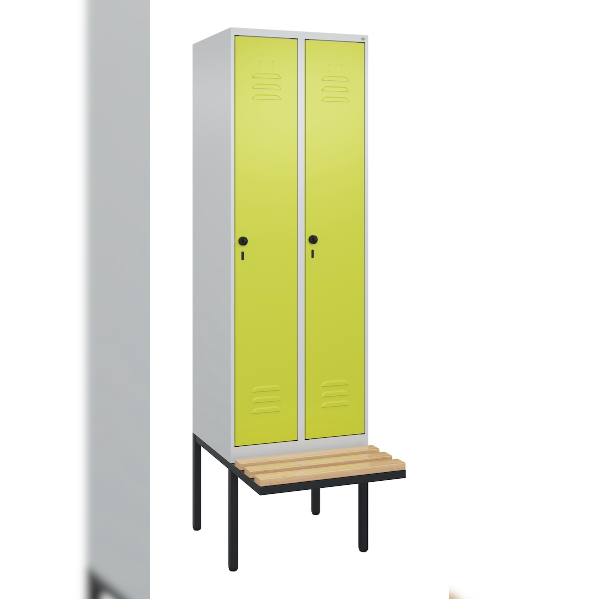 C+P Spind Classic PLUS, schwebender Sitzbank aus Buche 2 Abteile, HxBxT 212x60x82cm, Sicherheitsdrehriegel, Hellgrau/Clowngrün von PROREGAL Image