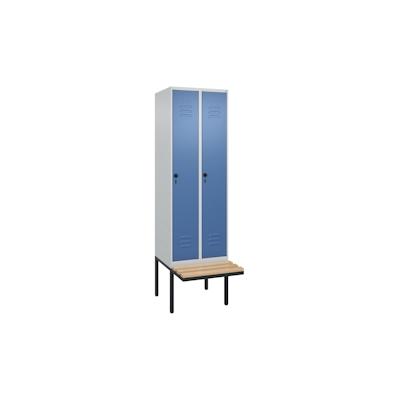 C+P Spind Classic PLUS, schwebender Sitzbank aus Buche 2 Abteile, HxBxT 212x60x82cm, Sicherheitsdrehriegel, Hellgrau/Fernblau von PROREGAL Image