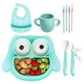 Brunoko Baby Tableware Set 5-in-1 - Suction Plate + Baby Spoon + Silicone Bib + Reusable Children's Cup + Silicone Straws 5-in-1 Set - BPA-Free Silicone - Dishwasher and Microwave Safe