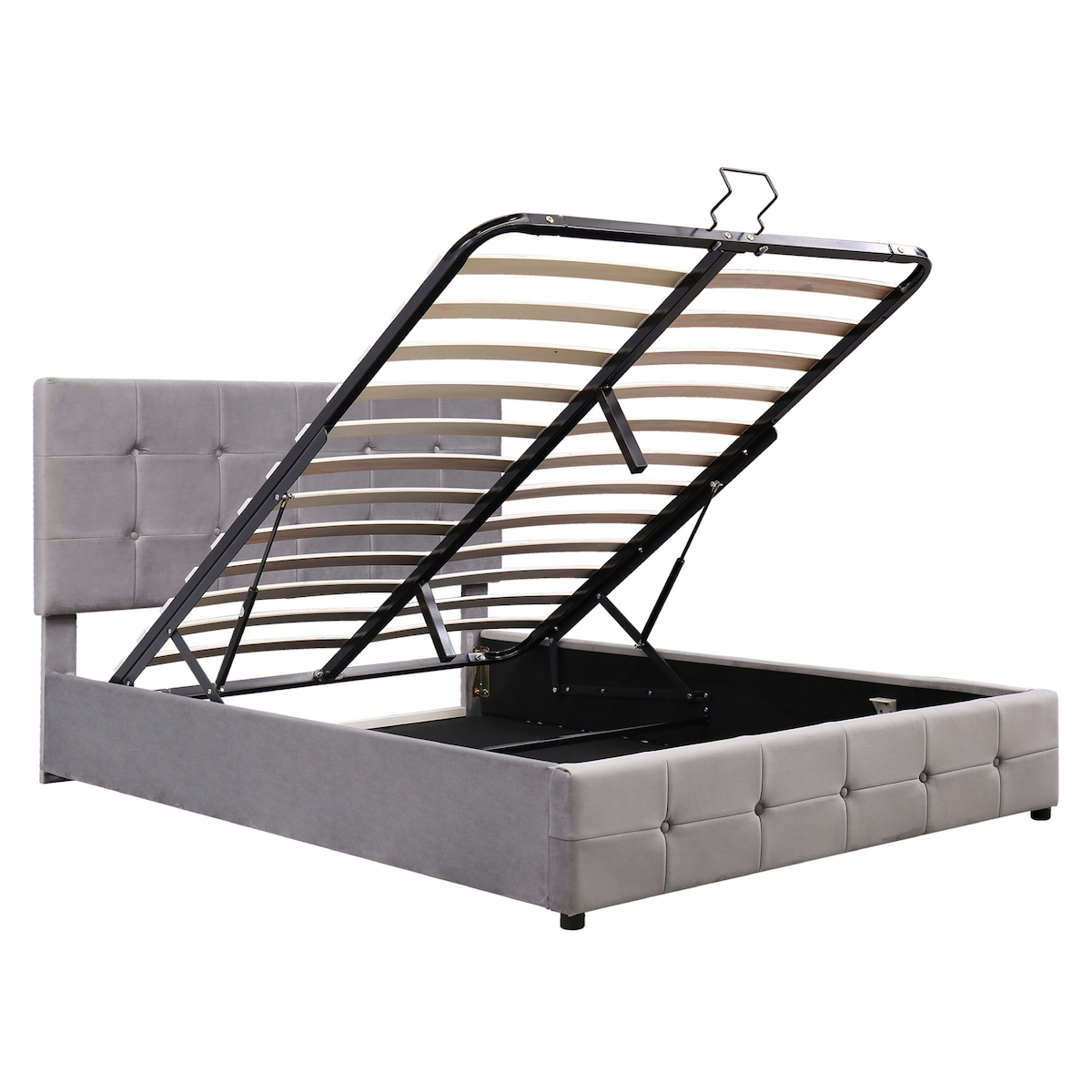 Merax Hydraulisches Polsterbett 140x200 aus Samt Doppelbett Funktionsbett mit Höhenverstellbares Kopfteil & Lattenrost Grau Image