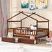 Full Size Wooden House Platform Bed with 2 Drawers, Solid Wood Daybed Frame with Roof & Guardrail for Kids, Teens, Boys or Girls