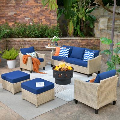 HOOOWOOO 5-Seater PE Wicker Conversation Patio Set with Wood Burning Fire Pit