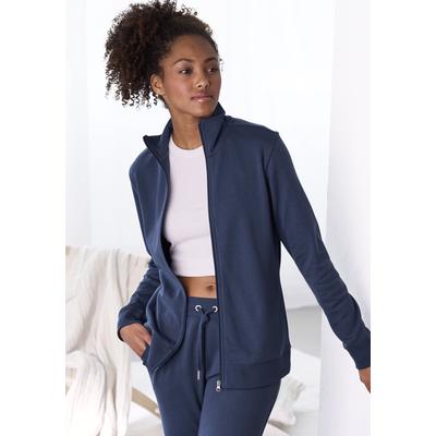 Sweatjacke BENCH. LOUNGEWEAR, Damen, Gr. 44/46, blau, Interlock, Obermaterial: 60% Baumwolle, 40% Polyester, Basic, bequem hüftlang, Langarm Rippbündchen, Sweatjacken, mit bestickten Stehkragen, Loungeanzug Image