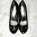 Coach Shoes | Coach Dorita Peep Toe Patent Leather Heels, Black, Silver Logo Button At Toe | Color: Black | Size: 9.5