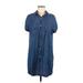 Casual Dress - Shift Collared Short sleeves: Blue Solid Dresses - Women's Size Medium