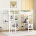 White Full Size Metal Loft Bed with 3 Layers of Shelves and Desk, Whiteboard