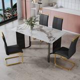 Table and chair set. 1 table and 4 white PU backrest cushions with gold metal leg chairs .white imitation marble desktop