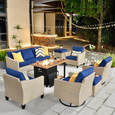 HOOOWOOO Outdoor Patio 9-piece Wicker Rattan Furniture Set with Fire Pit Table