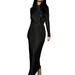 Womens Spring Autumn Long Dress Solid Color Long Sleeve Half High Neck Ruched Tie Up Dress