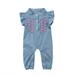 Newborn Baby Girl Denim Embroidered Jumpsuits Ruffle Sleeveless Round Neck Buttons Romper Overalls