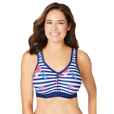 Plus Size Women's Wireless Front-Close Lounge Bra by Comfort Choice in Evening Blue Floral Stripe (Size 38 DD)