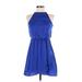 She + Sky Casual Dress - Mini High Neck Sleeveless: Blue Solid Dresses - Women's Size Small