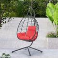 Basket Swinging Egg Chair with C Type Bracket Rattan Wicker Hammock Chair with Deep Cushion Porch Chaise Lounge Chair for Indoor Outdoor Home Bedroom Backyard Balcony Red