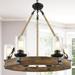 LNC 6-Light 25-in W Distressed Wood Brown and Matte Black Farmhouse Chandelier with Seeded Glass Shades Wagon Wheel Kitchen Island Light with Hemp Rope for Kitchen Dining Room Bedroom Living Room