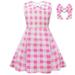 Uuszgmr Child Outfits Set Girls Pink Gingham Dress Movie Kids Party Fancy Plaid Dressess With Plaid Hair Bow 2Pcs casual Vacation