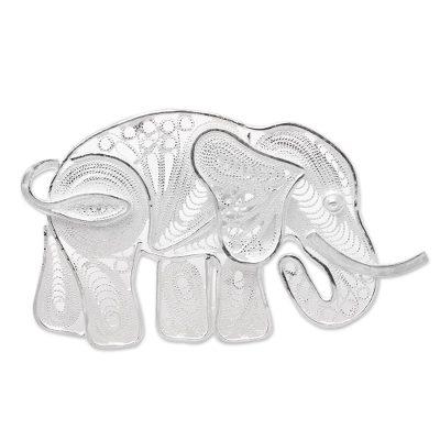 Intricate Elephant,'Sterling Silver Filigree Elephant Brooch from Java'